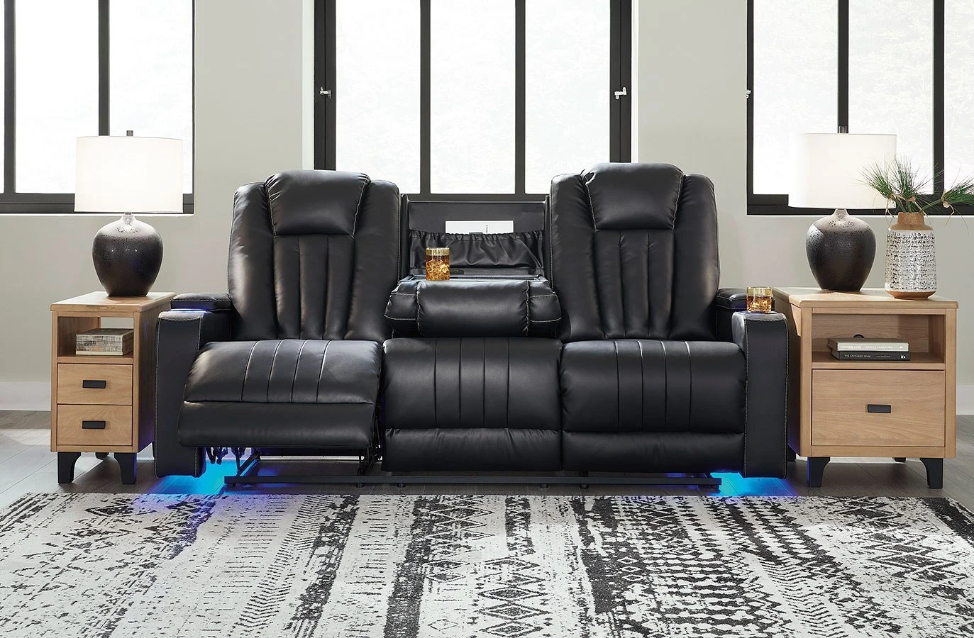 Center Point Black Reclining Sofa W/ Drop Down Table 1 Center Point Black Reclining Sofa W/ Drop Down Table