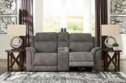 Next-Gen DuraPella Slate Power Reclining Console Loveseat W/ Adjustable Headrests