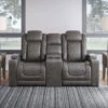 HyllMont Gray Power Reclining Console Loveseat W/ Adjustable Headrests