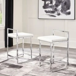 Madanere White And Chrome Upholstered Barstool (Set Of 2)