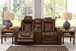 Backtrack Chocolate Power Reclining Console Loveseat W/ Adjustable Headrests