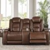 The Man-Den Mahogany Power Reclining Console Loveseat W/ Adjustable Headrests